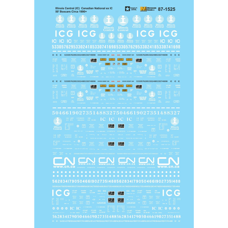 MICROSCALE DECAL 87-1525 - ILLINOIS CENTRAL/CANADIAN NATIONAL 50' BOXCARS - HO SCALE