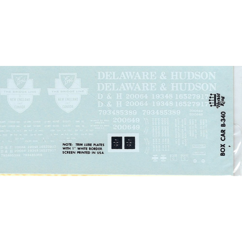 HERALD KING DECAL B-340 - DELAWARE & HUDSON 40' OR 50' BOXCAR - HO SCALE