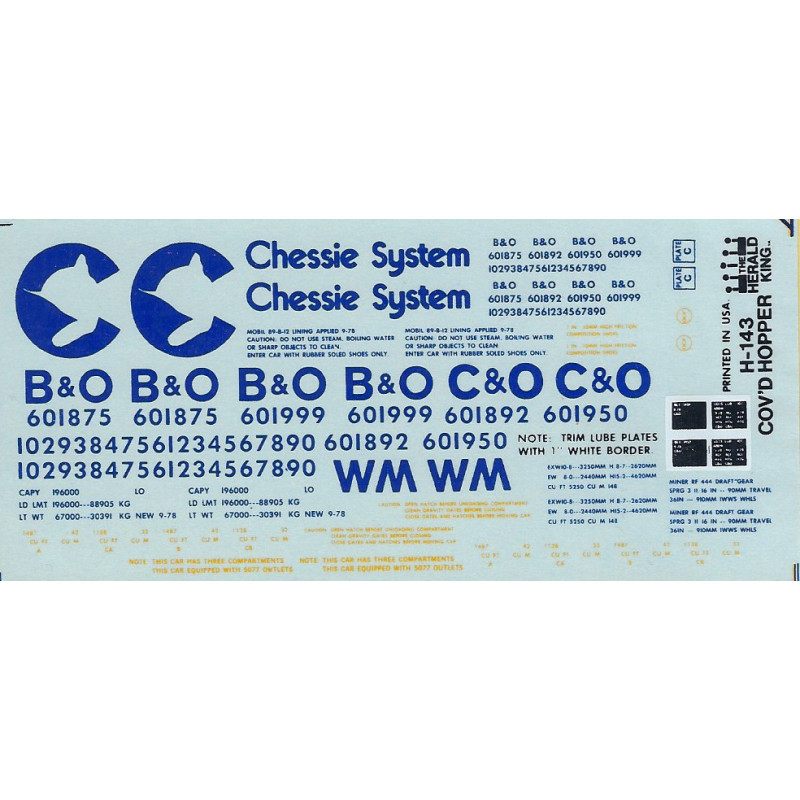 HERALD KING DECAL H-143 - CHESSIE SYSTEM COVERED HOPPER- HO SCALE