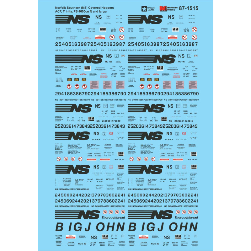 MICROSCALE DECAL 87-1515 - NORFOLK SOUTHERN COVERED HOPPERS - HO SCALE