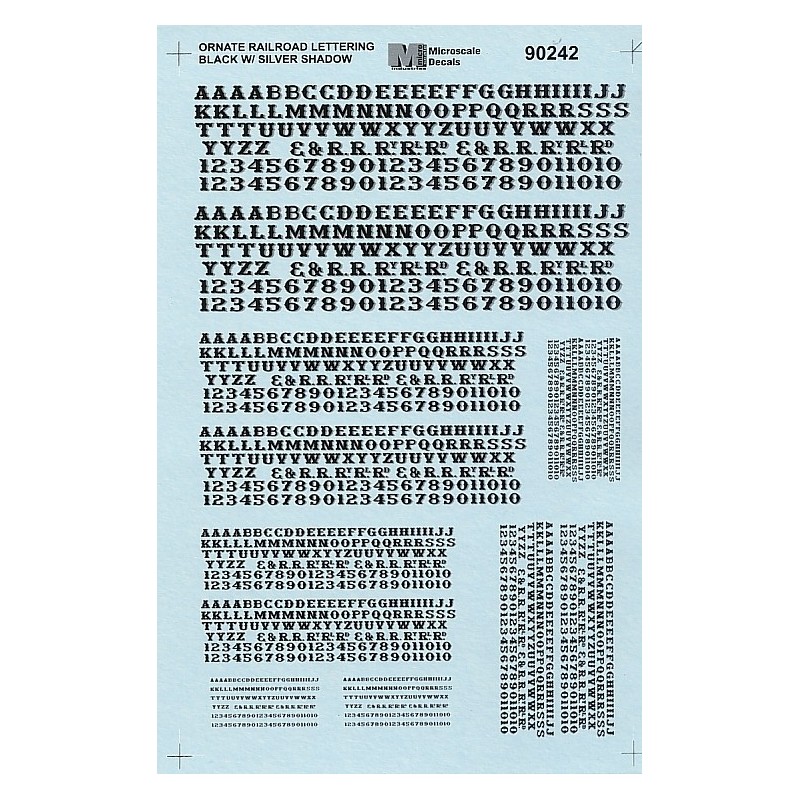 MICROSCALE DECAL 90242 - ALPHABET ORNATE RAILROAD BLACK WITH SILVER SHADOW - HO SCALE